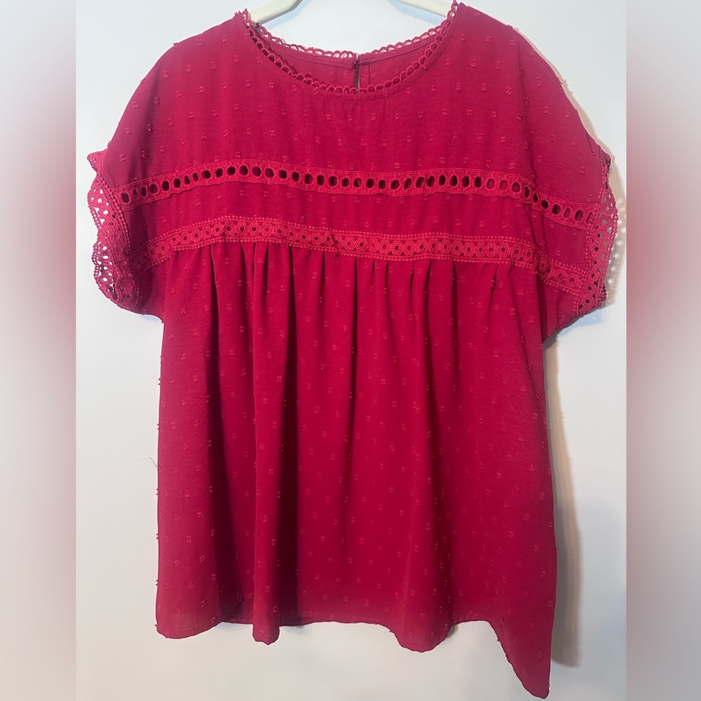 SHEIN Womens Red Eyelet Lace Blouse Size L Teacher Office Career Cottagecore